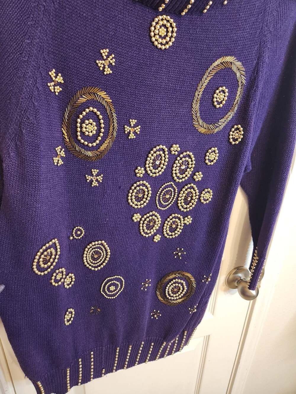 90s Y2K Vintage Purple Beaded Cowl Neck Tunic Sweater - Picture 3 of 14